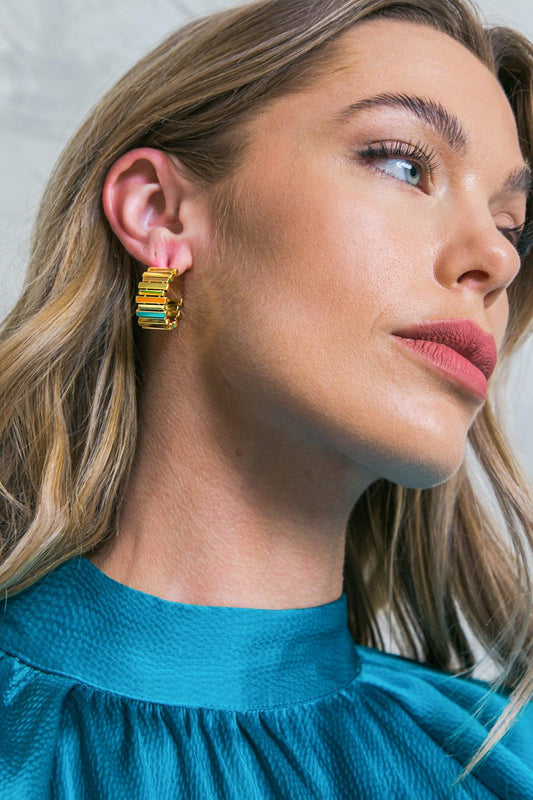 Dip Ribbed Stud Earrings Gold Plated Brass with Cubic Zirconia — Soul Flow Apparel