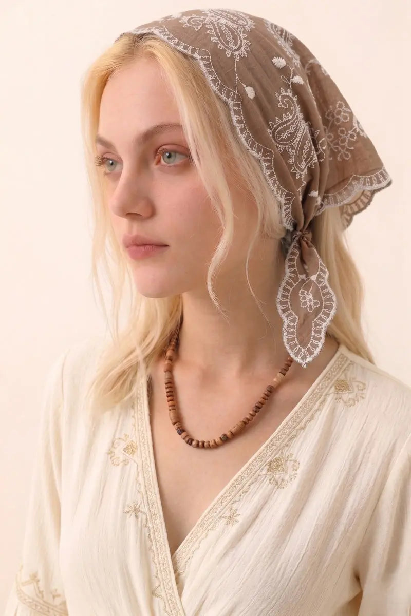 Boho Floral Embroidered Triangle Headscarf – Lightweight Casual Scarf Leto Collection