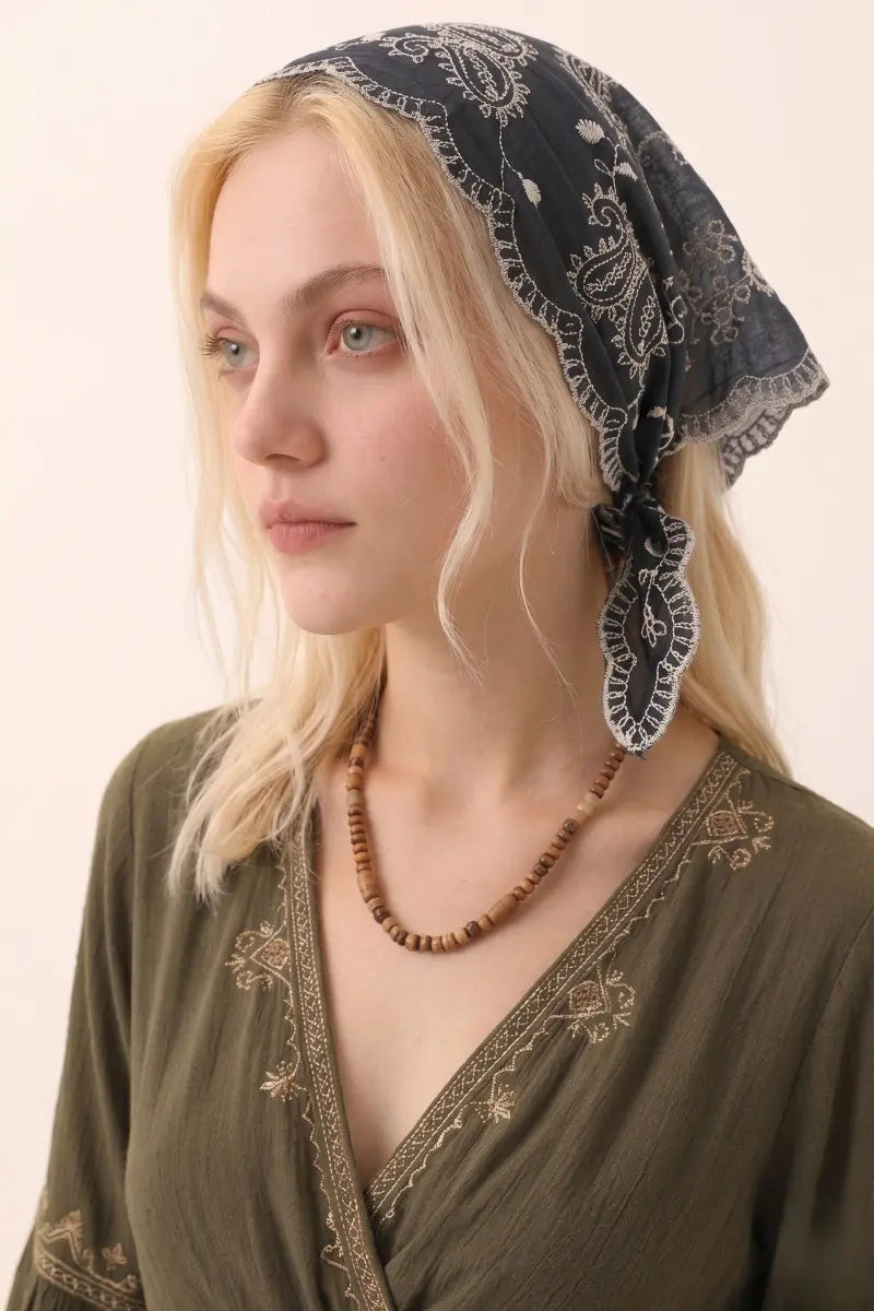 Boho Floral Embroidered Triangle Headscarf – Lightweight Casual Scarf Leto Collection