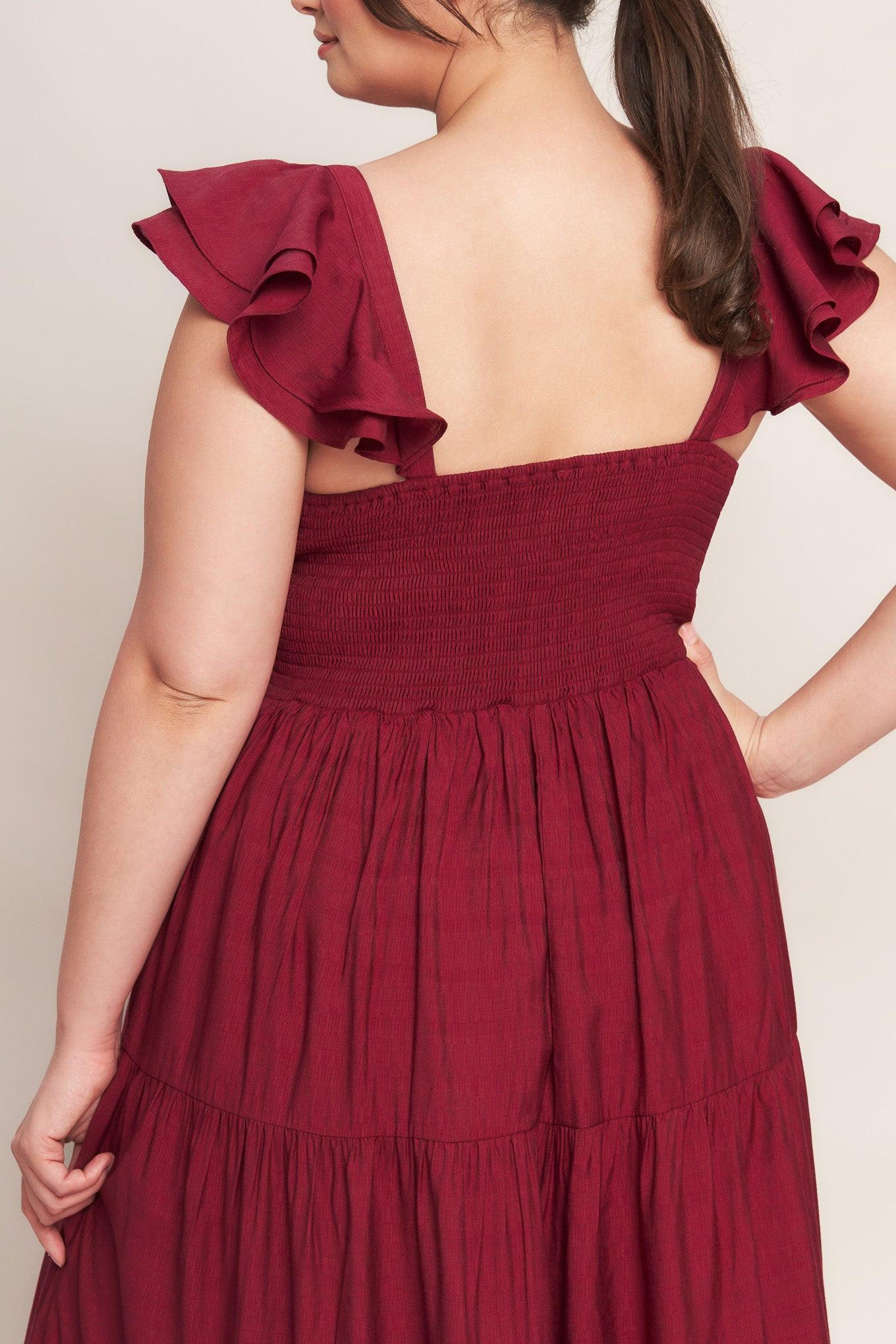 Summer Milk Deep Red Woven Maxi Dress, view 6 — Soul Flow Apparel