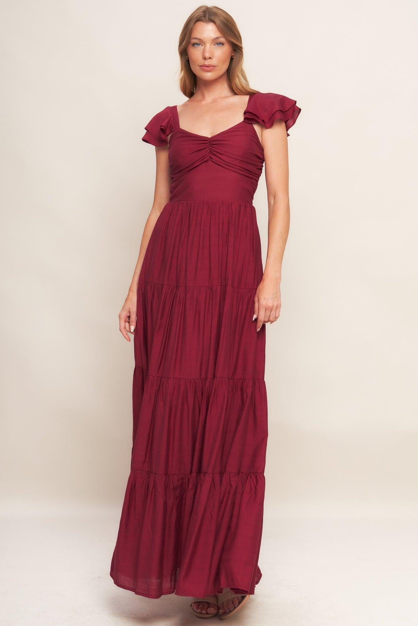 Summer Milk Deep Red Woven Maxi Dress, view 1 — Soul Flow Apparel
