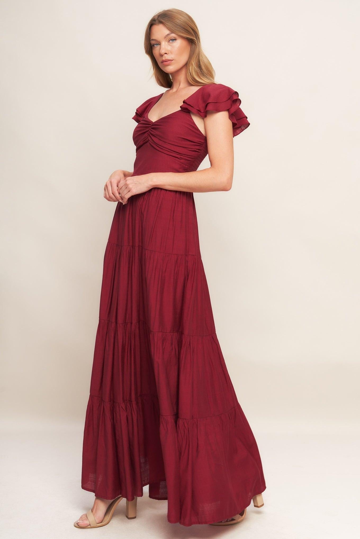 Summer Milk Deep Red Woven Maxi Dress, view 4 — Soul Flow Apparel