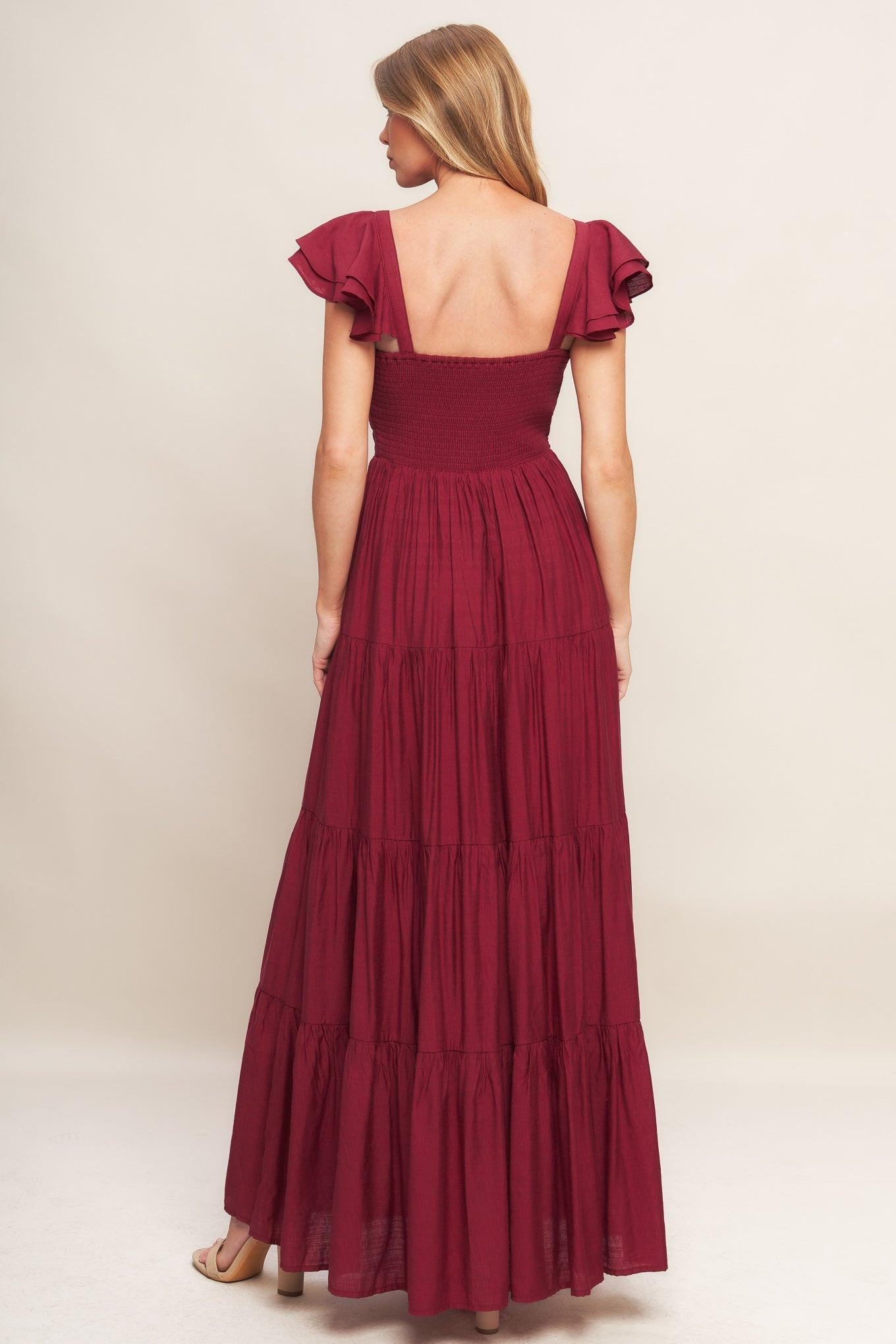 Summer Milk Deep Red Woven Maxi Dress, view 5 — Soul Flow Apparel