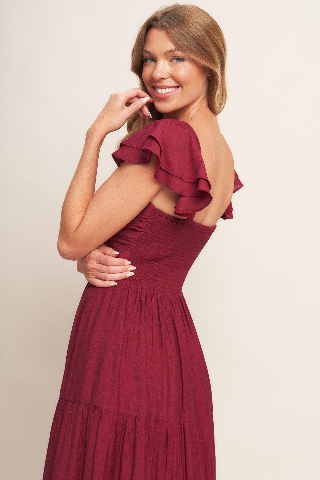 Summer Milk Deep Red Woven Maxi Dress, view 7 — Soul Flow Apparel