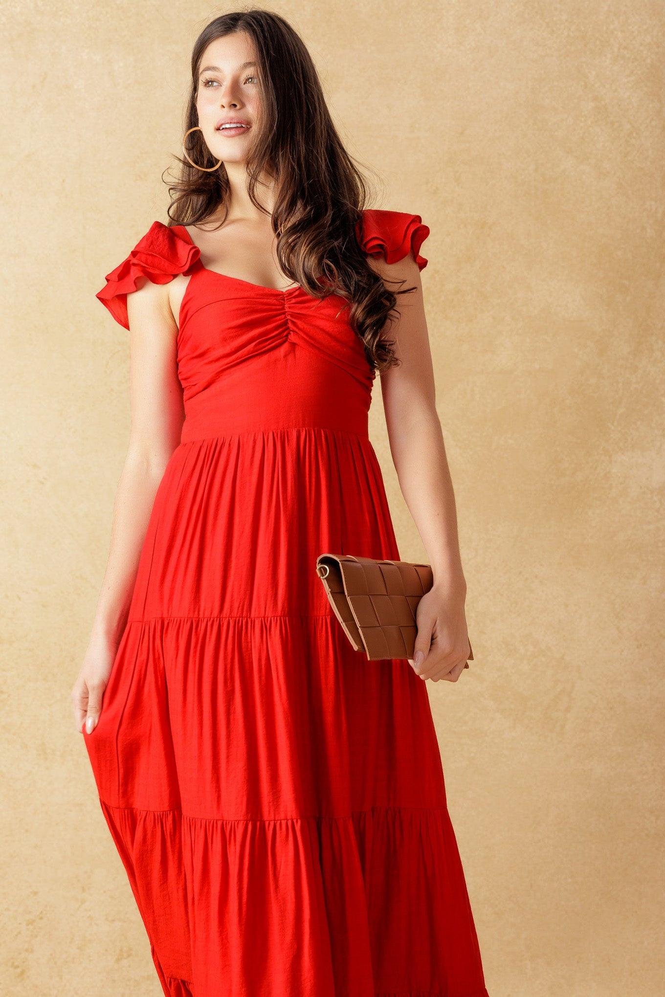 Rvca Steady Woven Ankle Dress in red, view 3 — Soul Flow Apparel