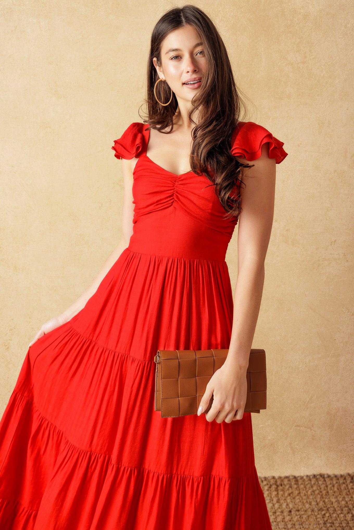 Rvca Steady Woven Ankle Dress in red, view 4 — Soul Flow Apparel
