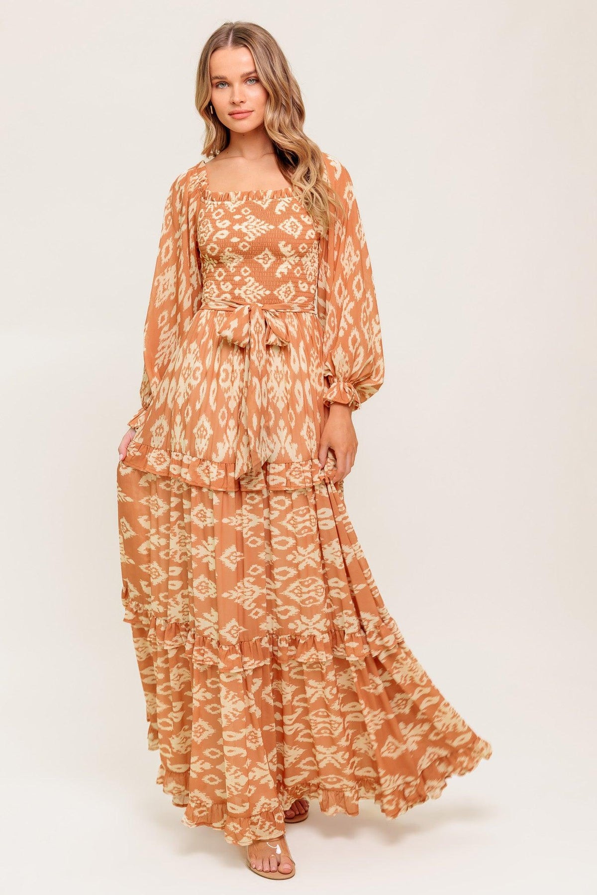 Cosmopolitan Elegance Woven Maxi Dress in brown ivory, view 1 — Soul Flow Apparel