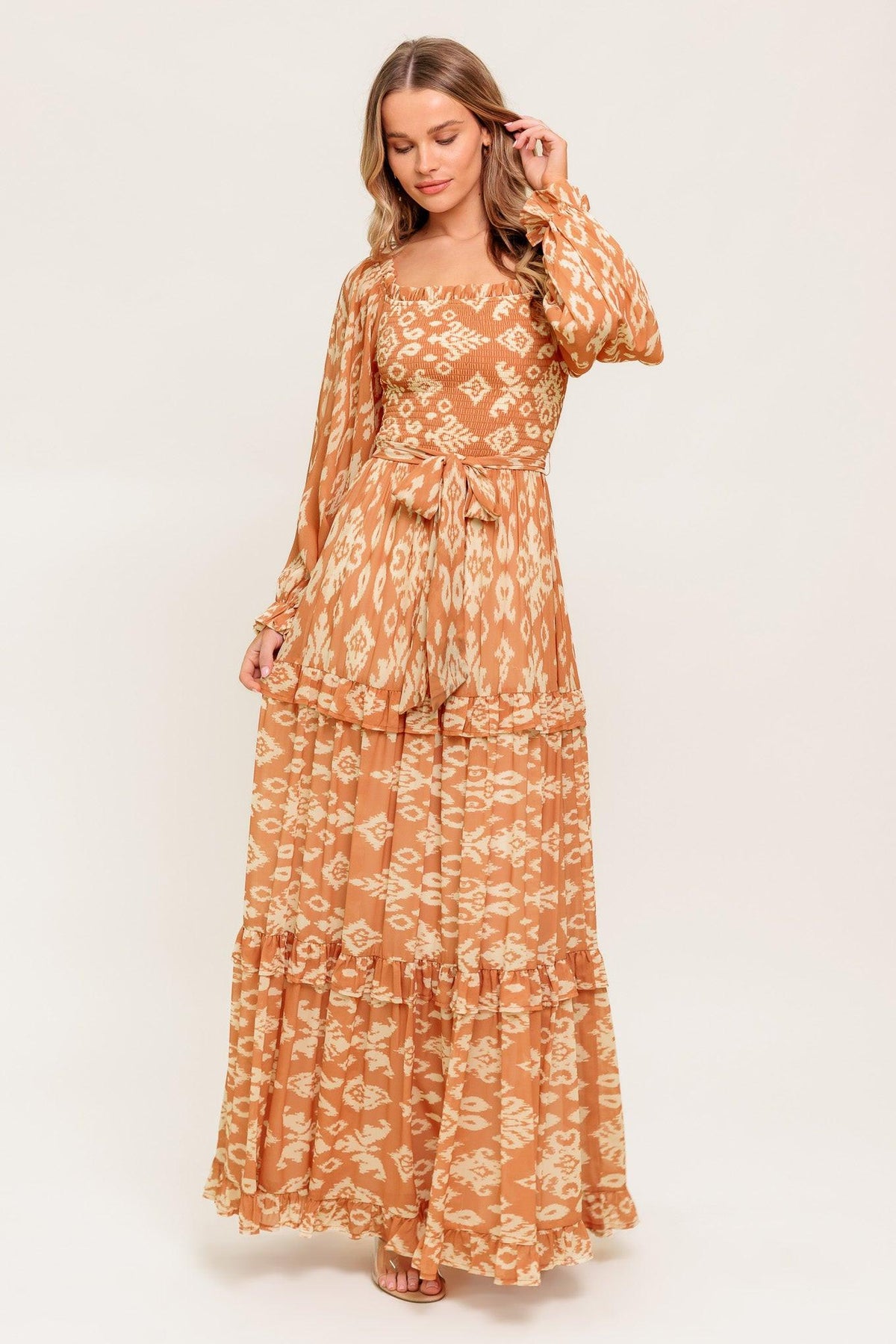 Cosmopolitan Elegance Woven Maxi Dress in brown ivory, view 2 — Soul Flow Apparel
