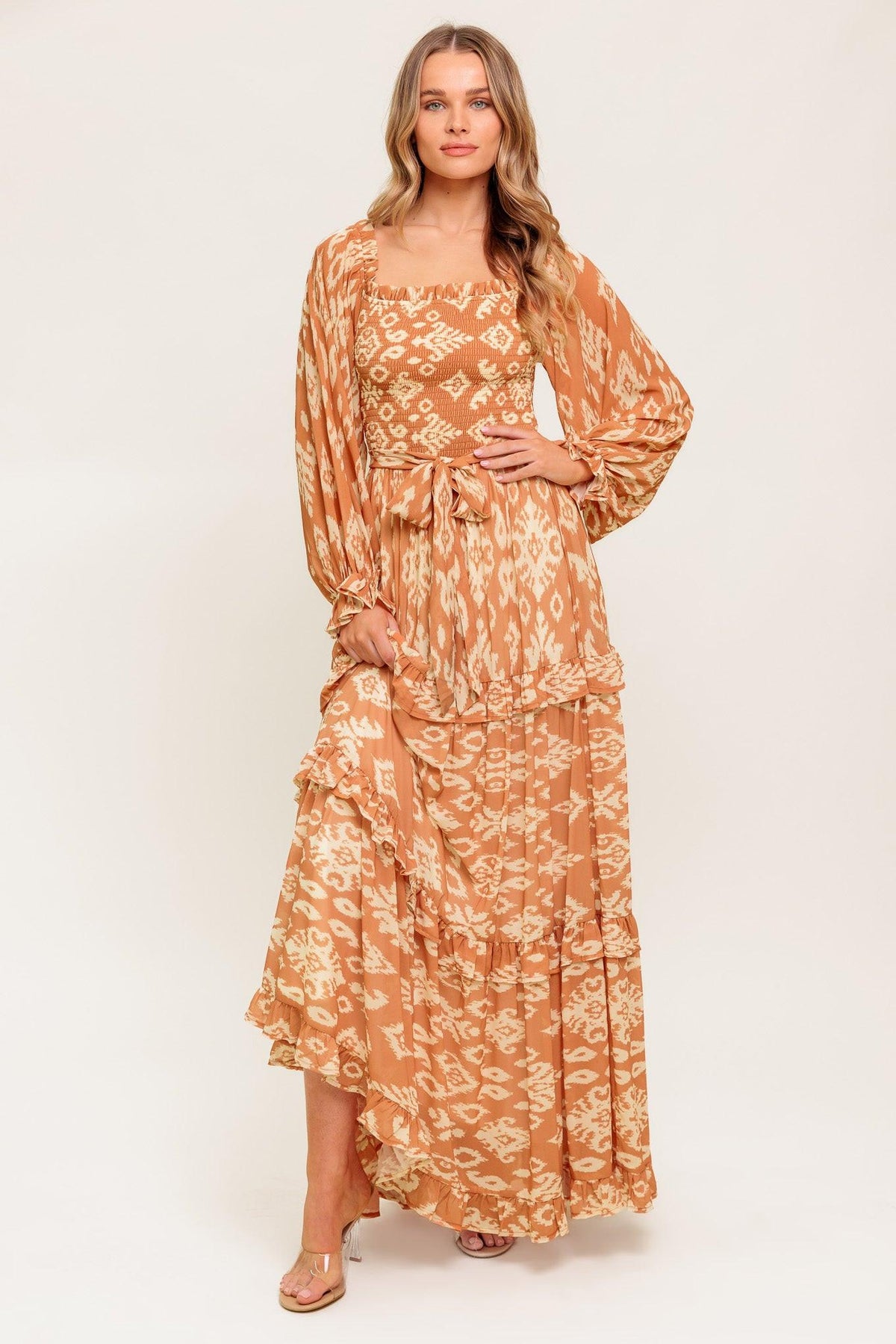 Cosmopolitan Elegance Woven Maxi Dress in brown ivory, view 3 — Soul Flow Apparel