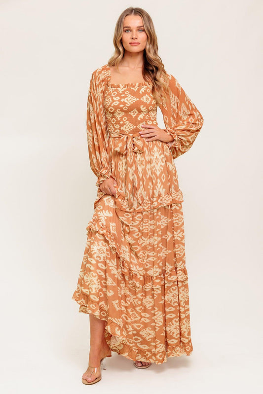Cosmopolitan Elegance Woven Maxi Dress in brown ivory, view 3 — Soul Flow Apparel