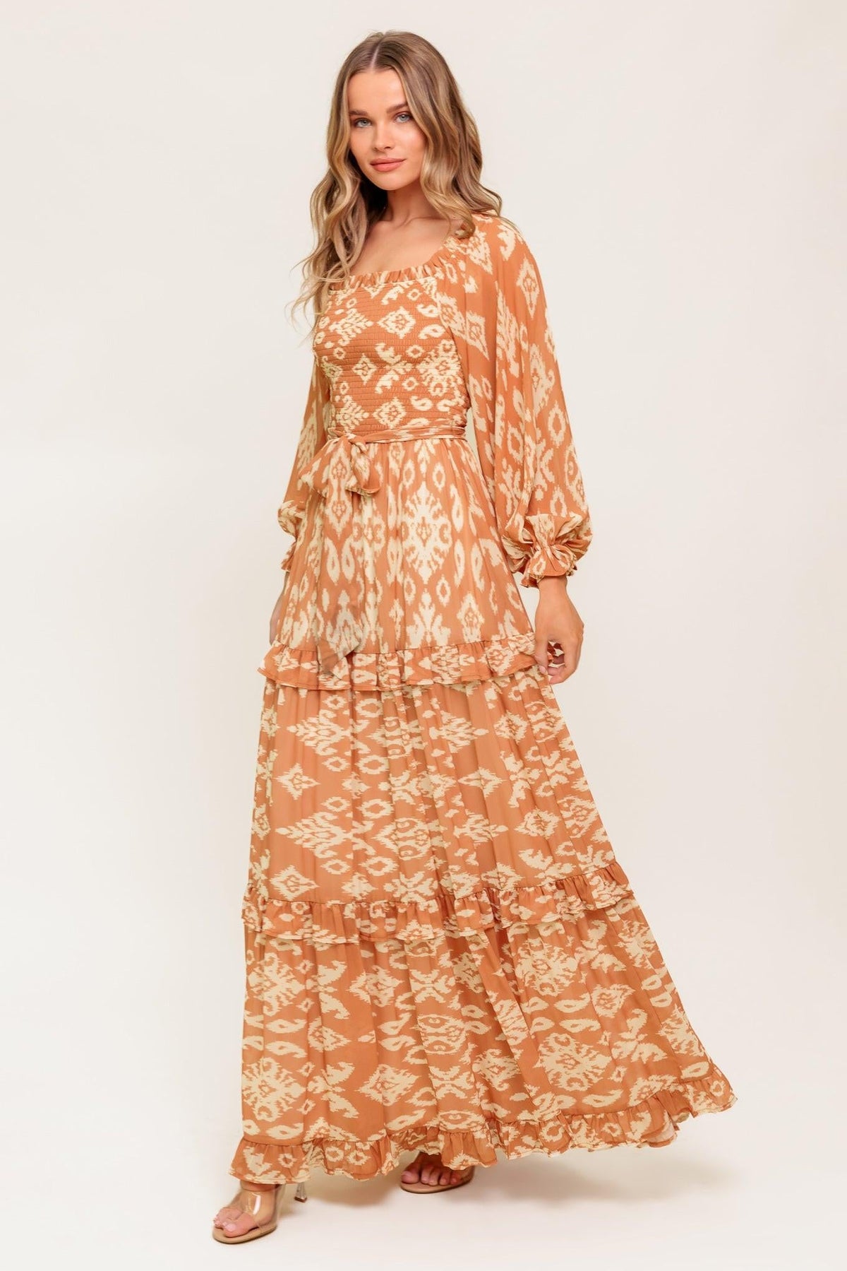 Cosmopolitan Elegance Woven Maxi Dress in brown ivory, view 4 — Soul Flow Apparel
