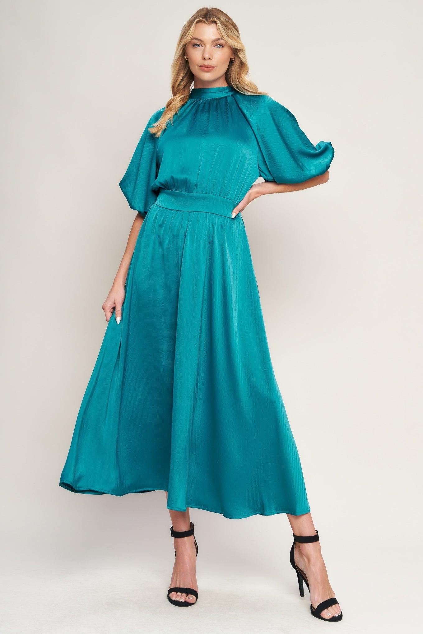 Petal Prowess Woven Midi Dress in turquoise, view 1 — Soul Flow Apparel