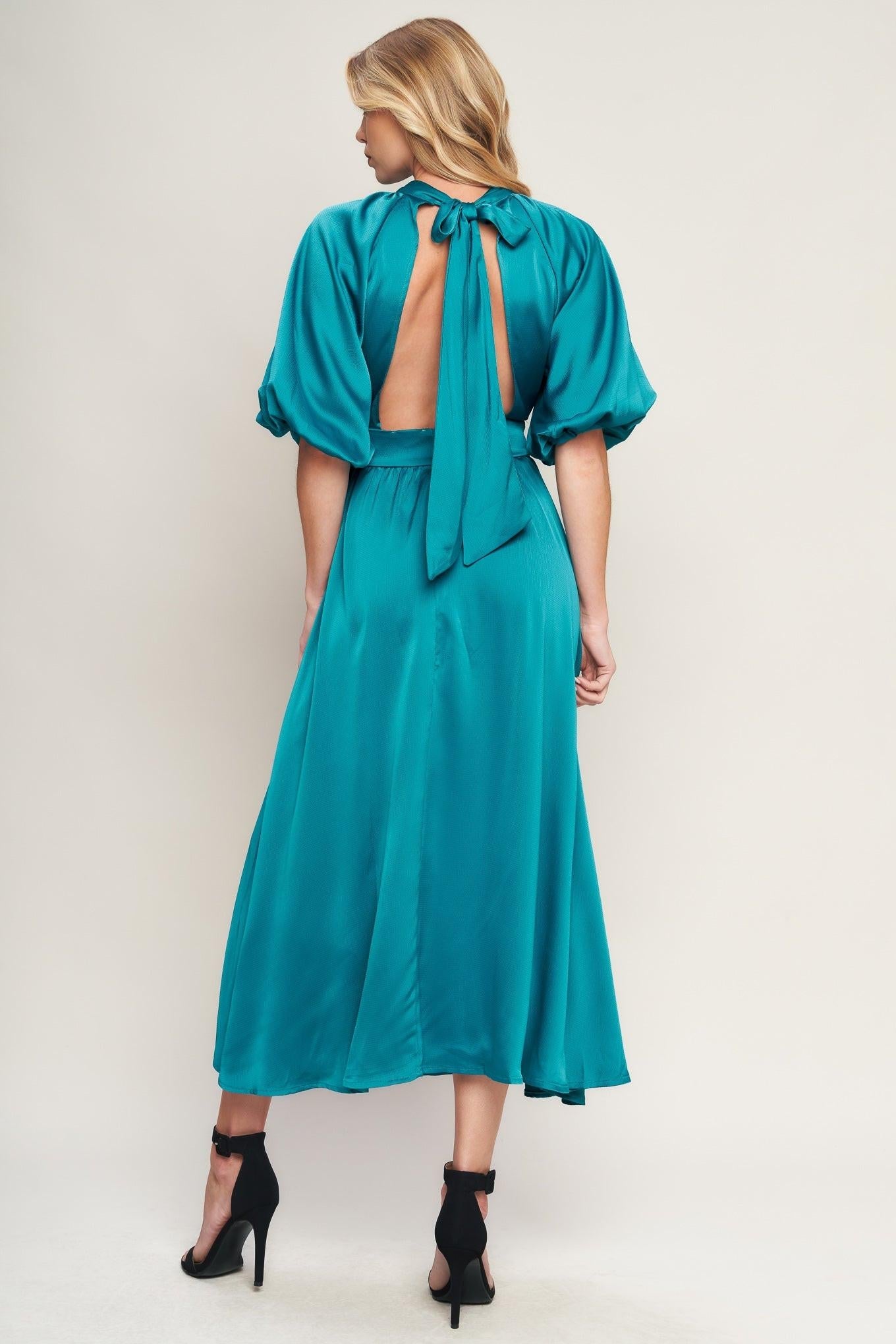Petal Prowess Woven Midi Dress in turquoise, view 2 — Soul Flow Apparel