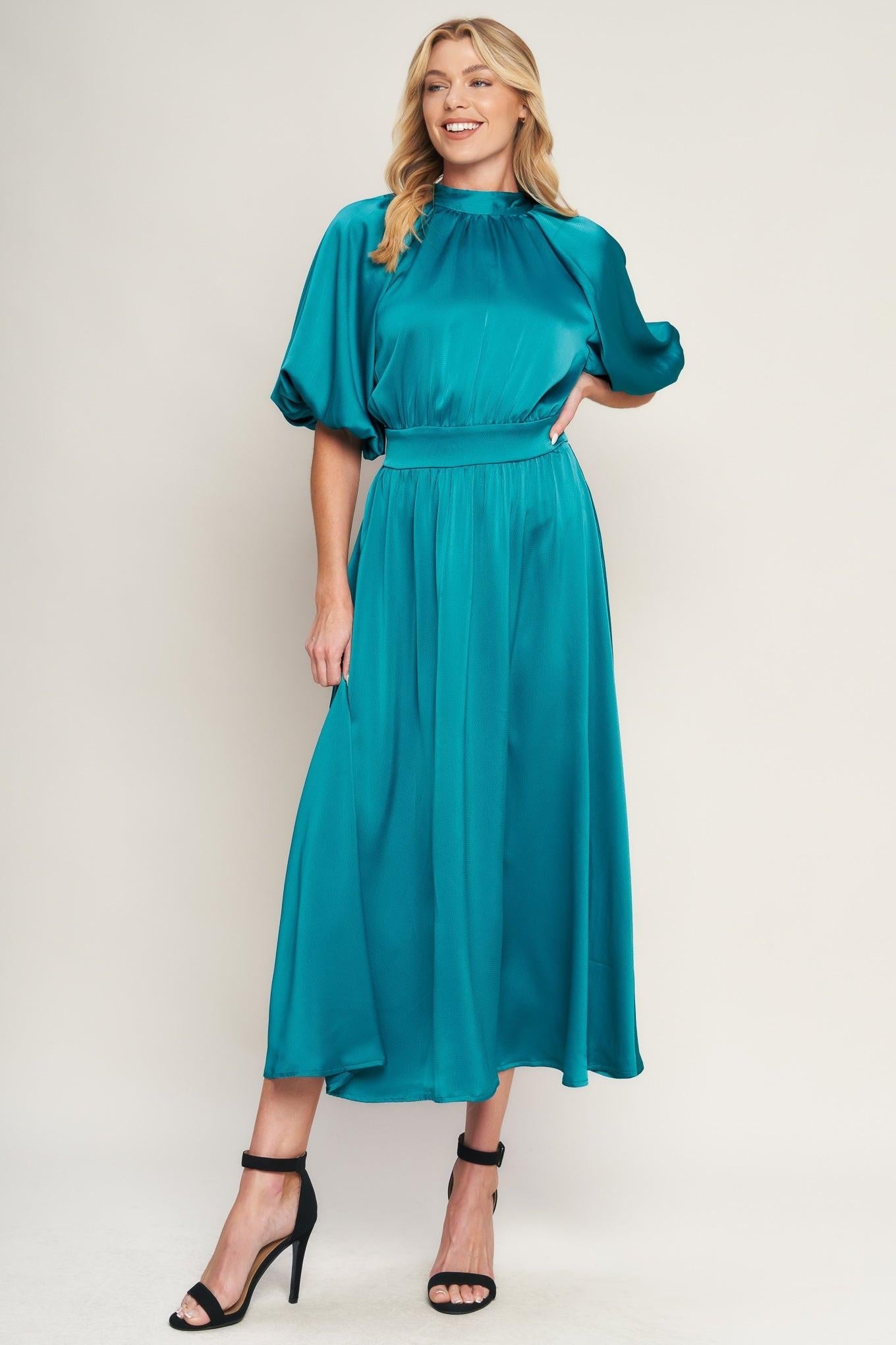 Petal Prowess Woven Midi Dress in turquoise, view 3 — Soul Flow Apparel