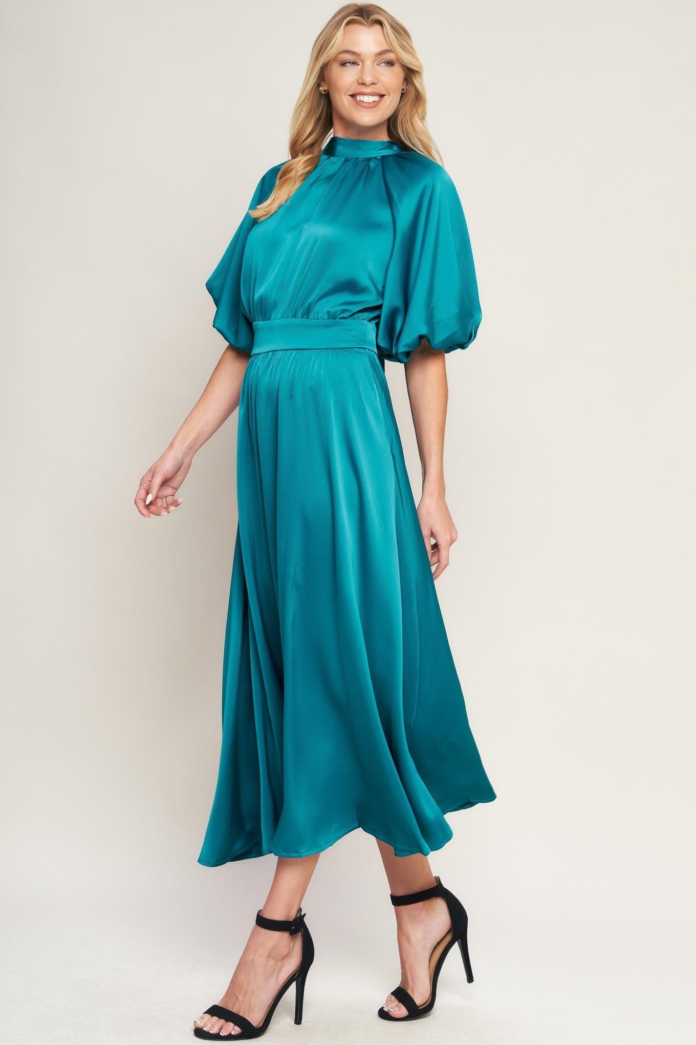 Petal Prowess Woven Midi Dress in turquoise, view 4 — Soul Flow Apparel