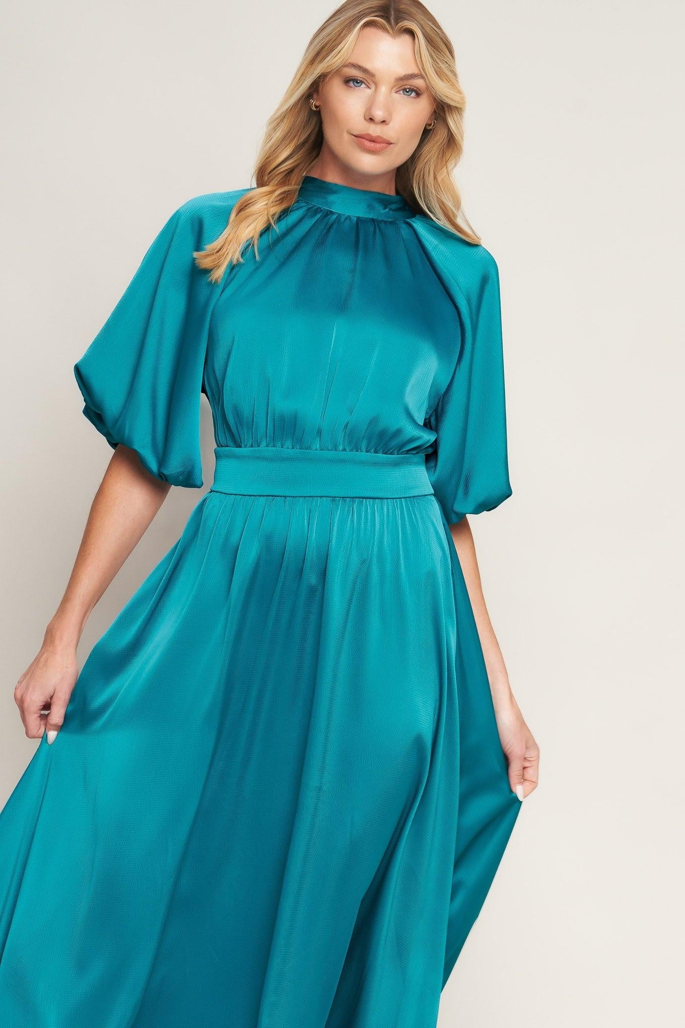 Petal Prowess Woven Midi Dress in turquoise, view 5 — Soul Flow Apparel