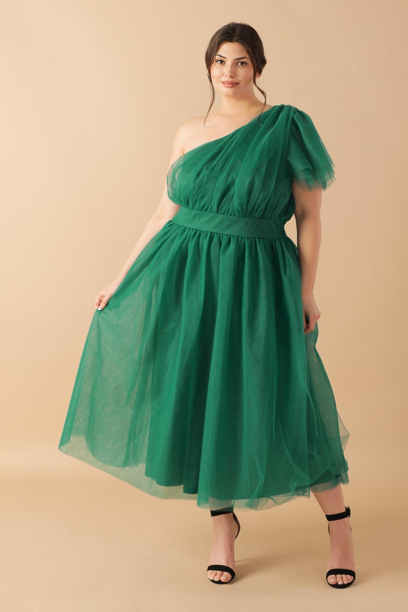 Lively Charm Tulle Midi Dress One Shoulder Silhouette With Layered Sleeve