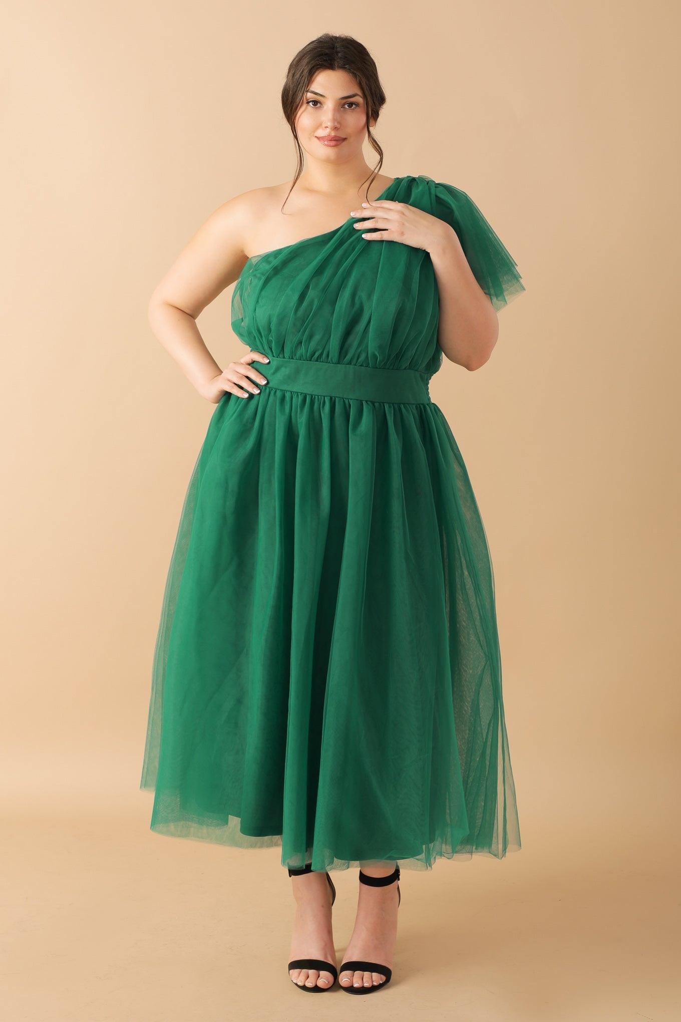 Lively Charm Tulle Midi Dress One Shoulder Silhouette With Layered Sleeve