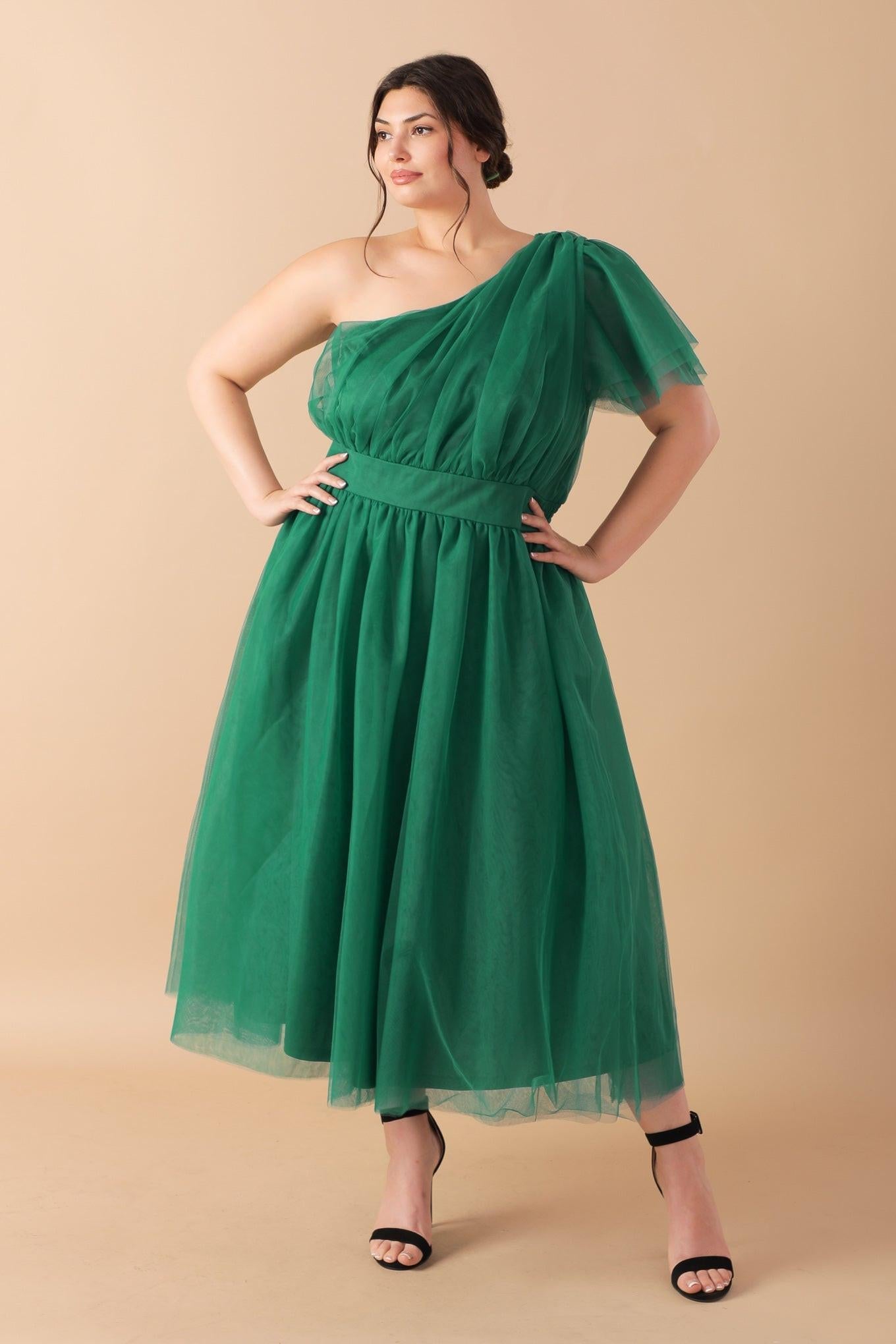 Lively Charm Tulle Midi Dress One Shoulder Silhouette With Layered Sleeve
