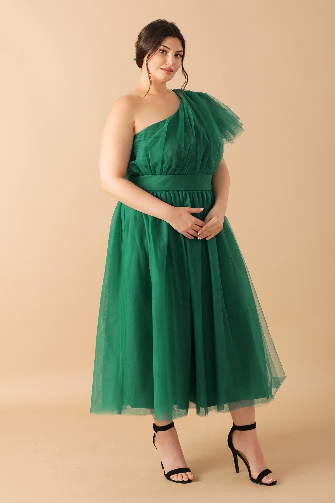 Lively Charm Tulle Midi Dress One Shoulder Silhouette With Layered Sleeve