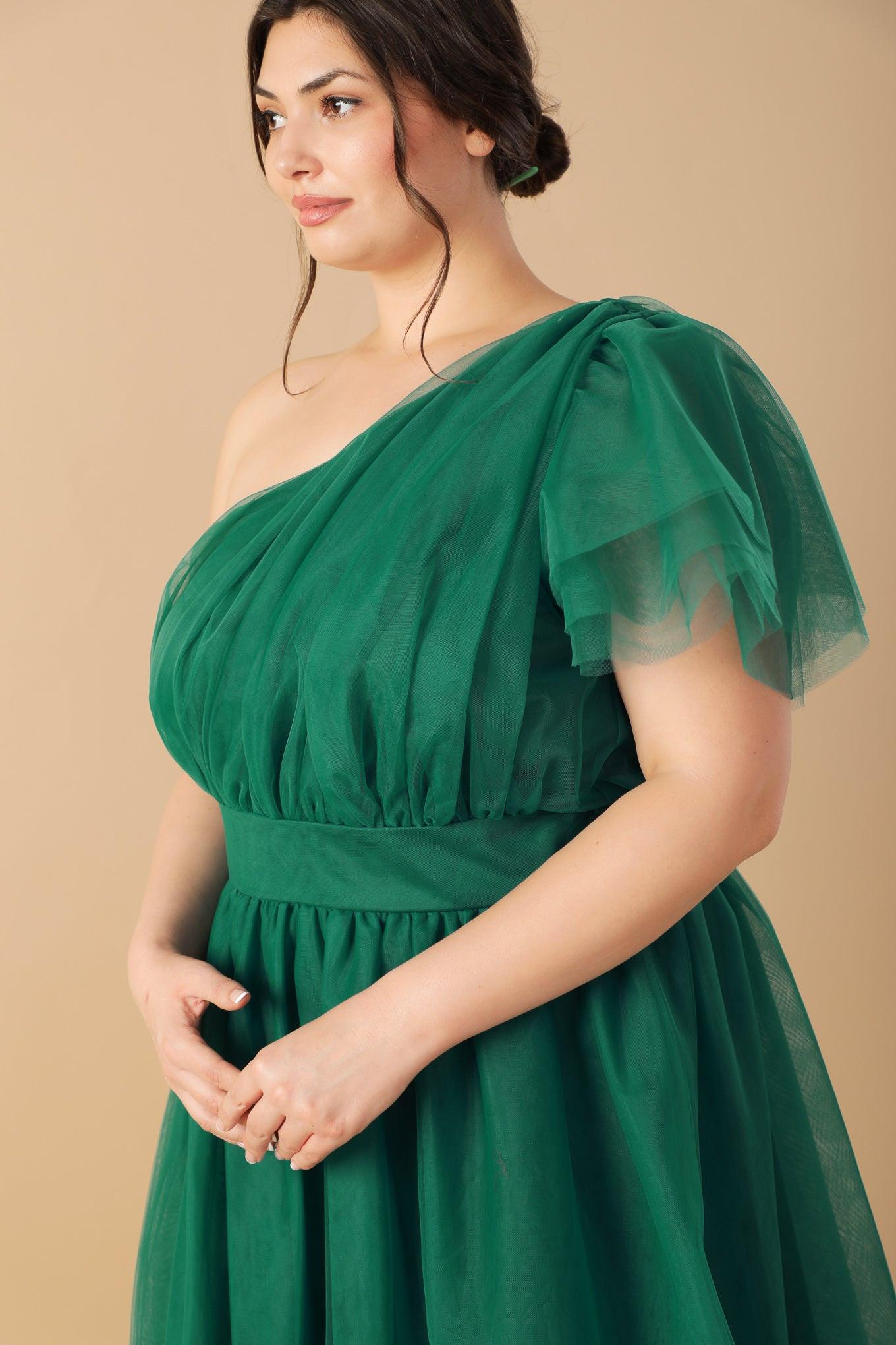 Lively Charm Tulle Midi Dress One Shoulder Silhouette With Layered Sleeve
