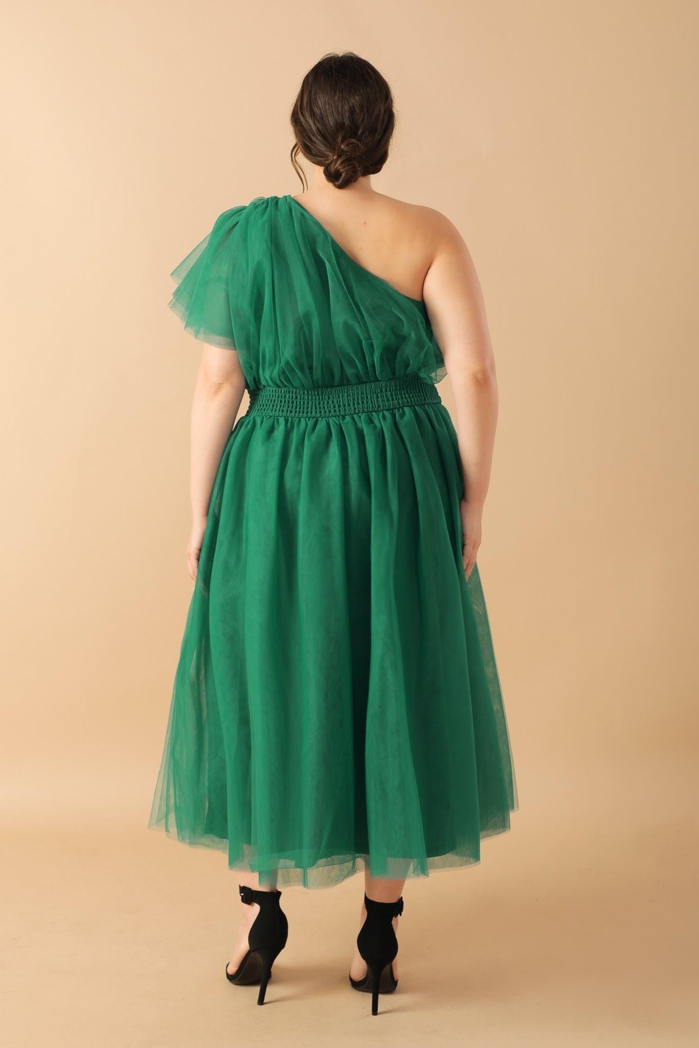 Lively Charm Tulle Midi Dress One Shoulder Silhouette With Layered Sleeve