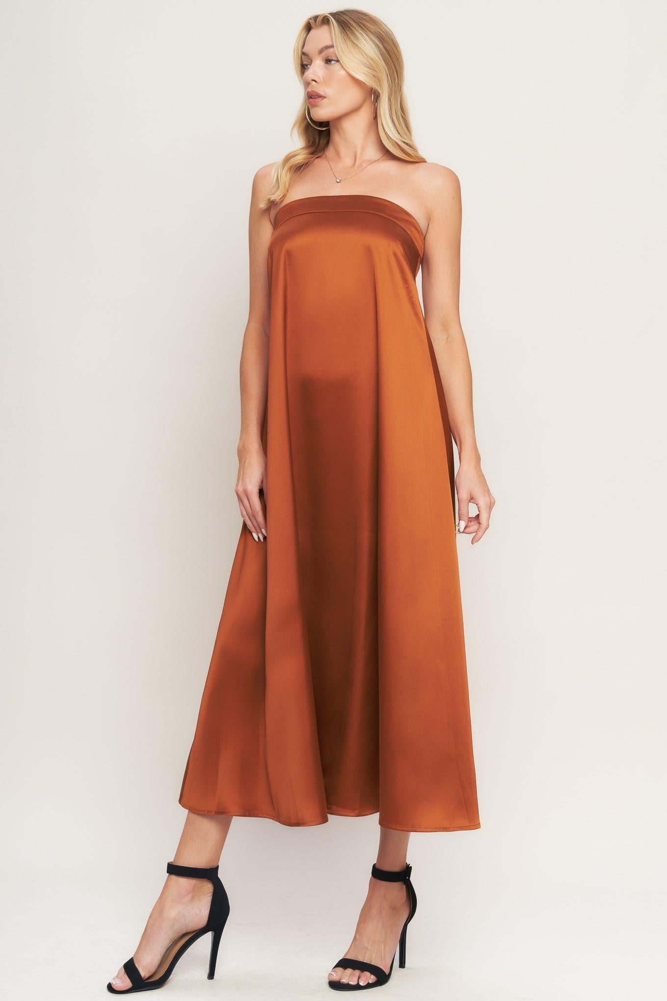 Frosty Elegance Woven Midi Dress in bronze, view 2 — Soul Flow Apparel