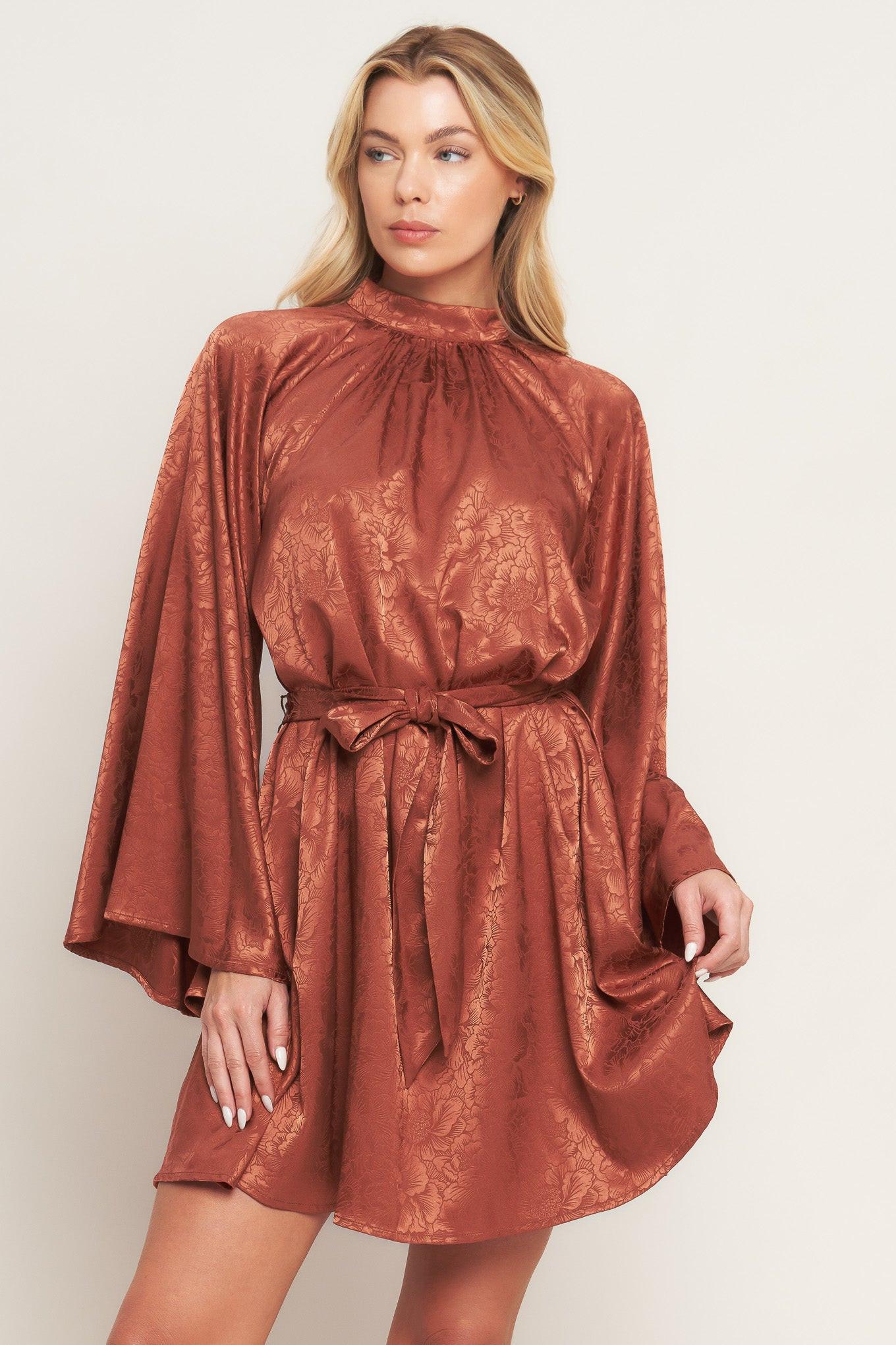 By Any Means Woven Satin Mini Dress in brown, view 1 — Soul Flow Apparel