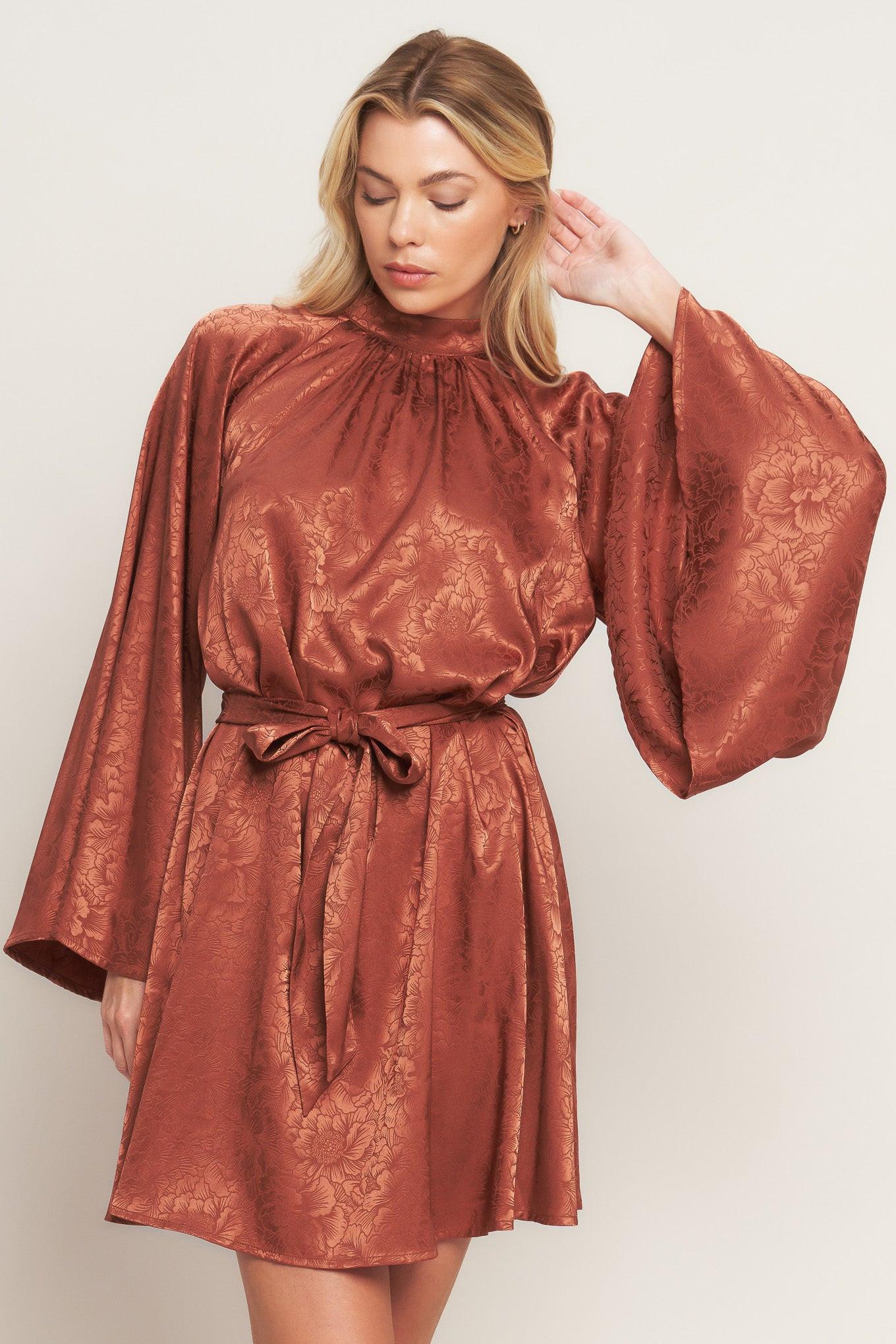 By Any Means Woven Satin Mini Dress in brown, view 2 — Soul Flow Apparel