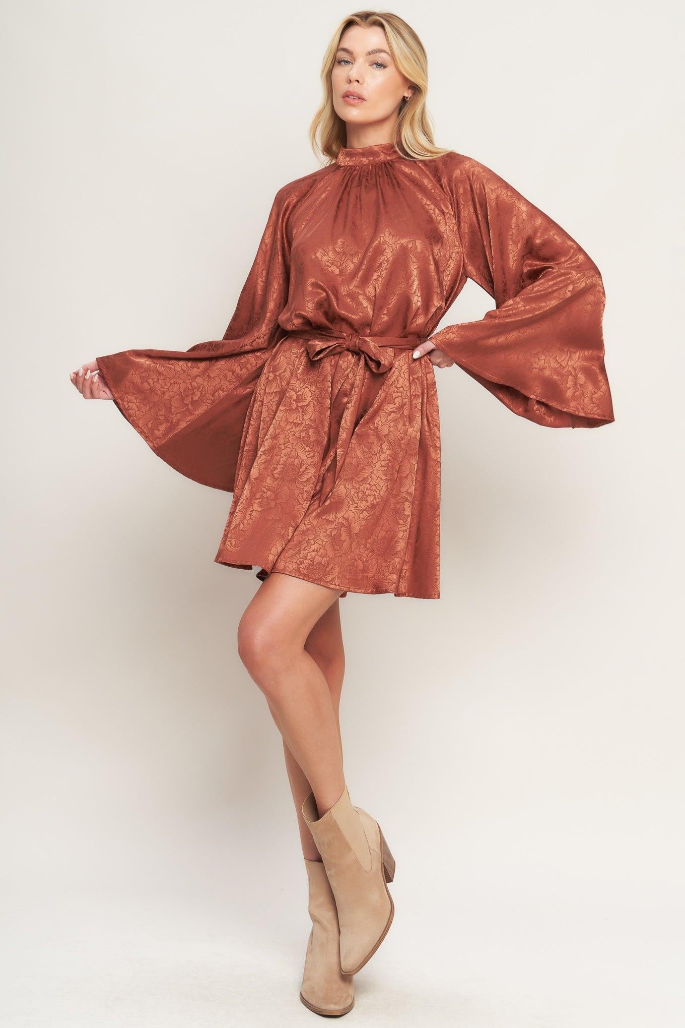 By Any Means Woven Satin Mini Dress in brown, view 3 — Soul Flow Apparel