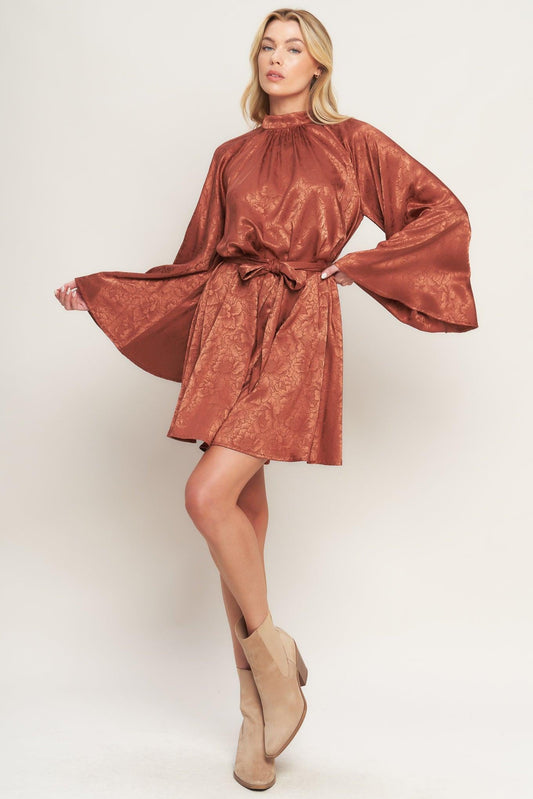 By Any Means Woven Satin Mini Dress in brown, view 3 — Soul Flow Apparel