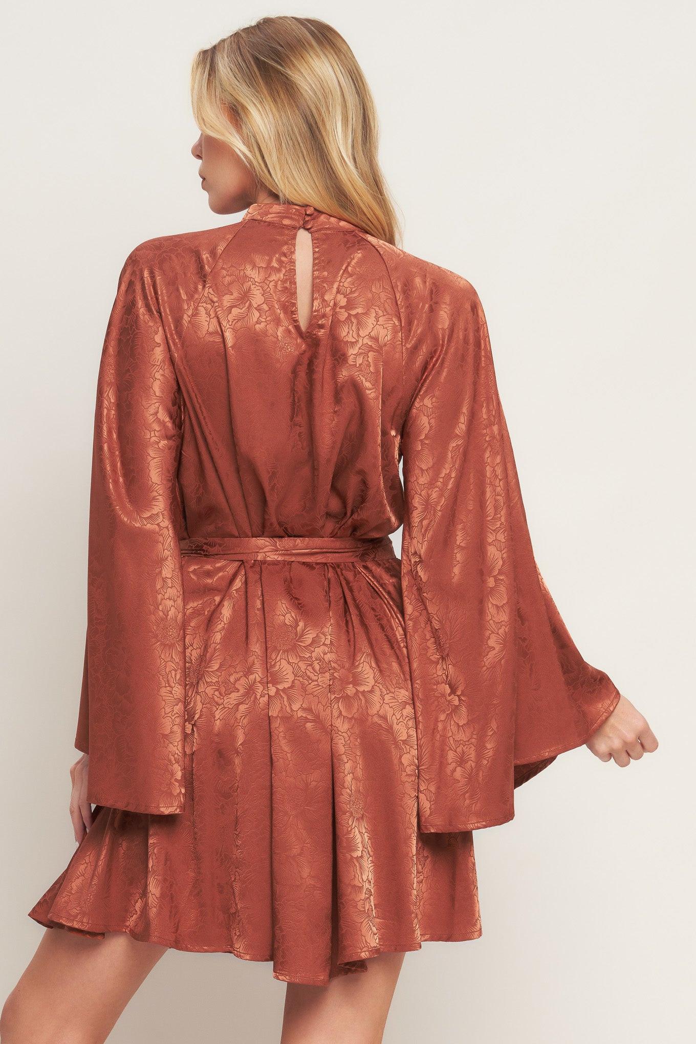 By Any Means Woven Satin Mini Dress in brown, view 6 — Soul Flow Apparel