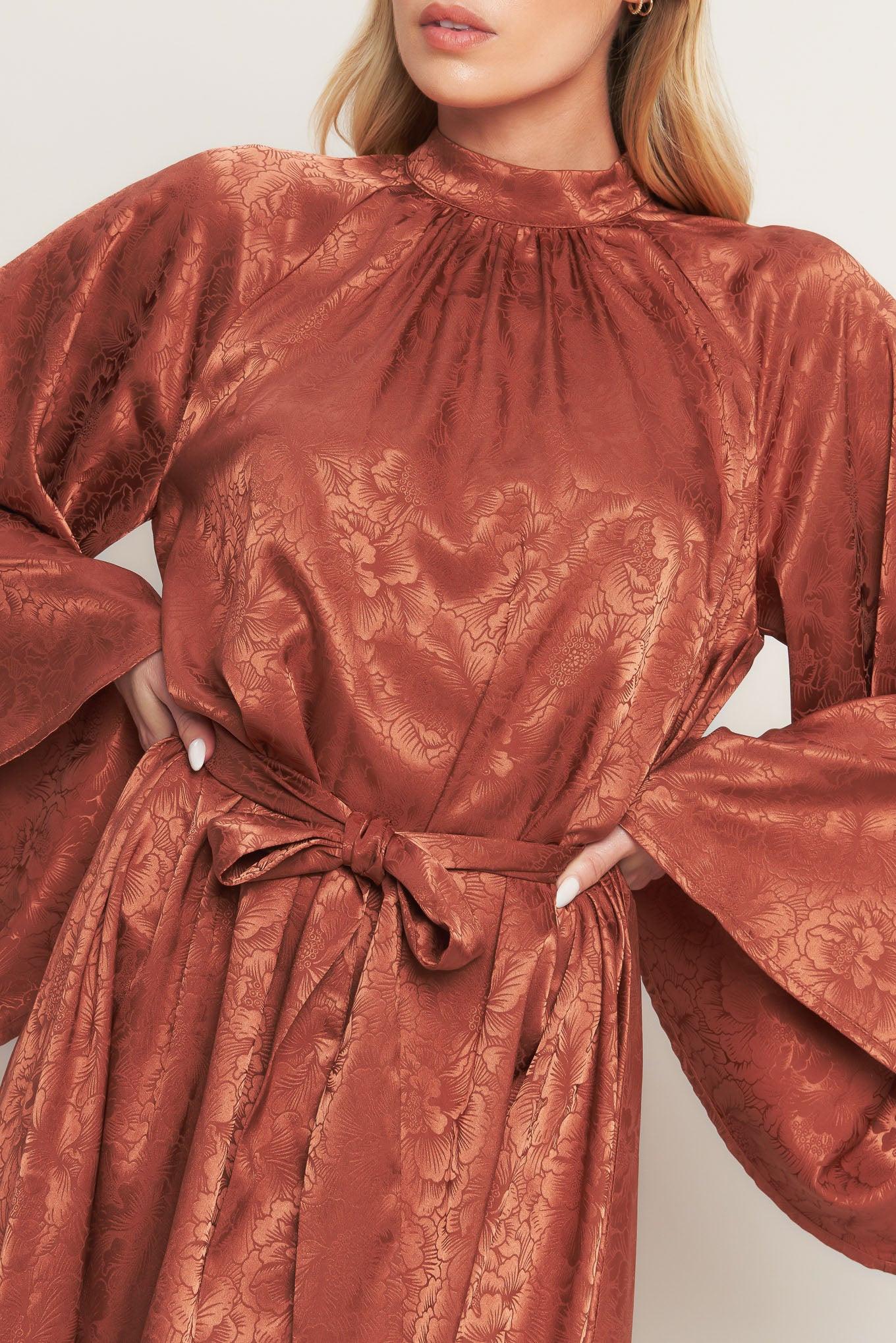 By Any Means Woven Satin Mini Dress in brown, view 7 — Soul Flow Apparel