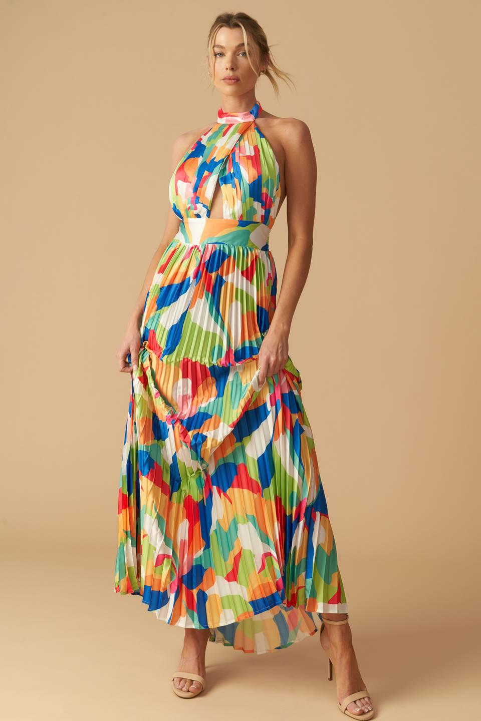 Keep Blooming Woven Maxi Dress in green orange, view 1 — Soul Flow Apparel