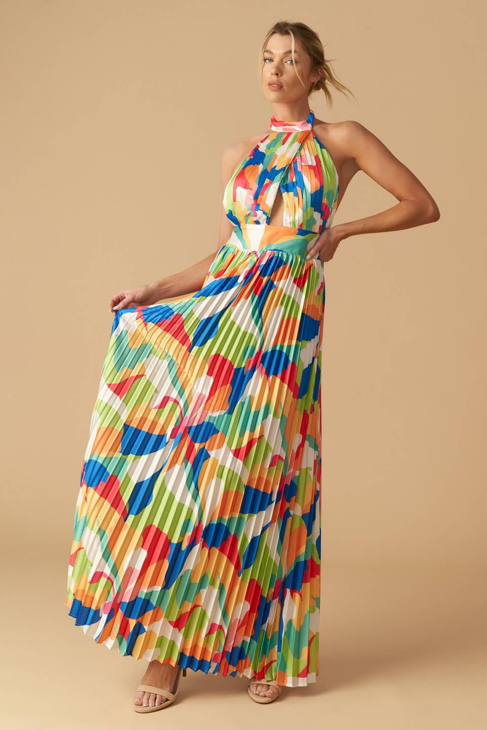 Keep Blooming Woven Maxi Dress in green orange, view 2 — Soul Flow Apparel