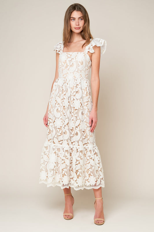 Still Thinking Woven Lace Midi Dress in white, view 4 — Soul Flow Apparel