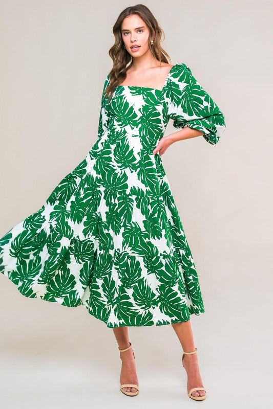 All the Drama Woven Midi Dress in ivory dgreen, view 1 — Soul Flow Apparel