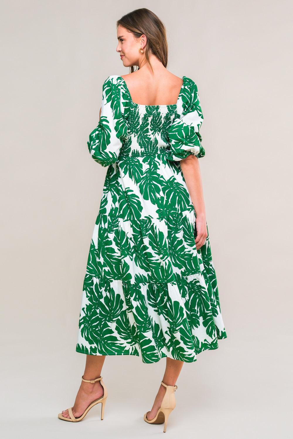 All the Drama Woven Midi Dress in ivory dgreen, view 2 — Soul Flow Apparel