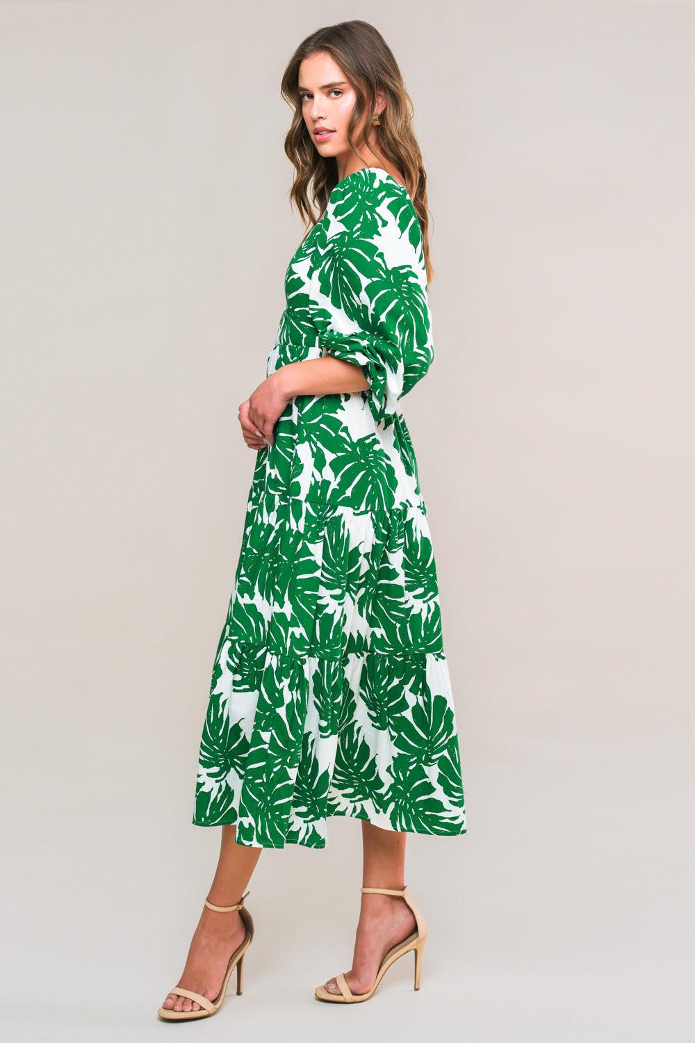 All the Drama Woven Midi Dress in ivory dgreen, view 3 — Soul Flow Apparel