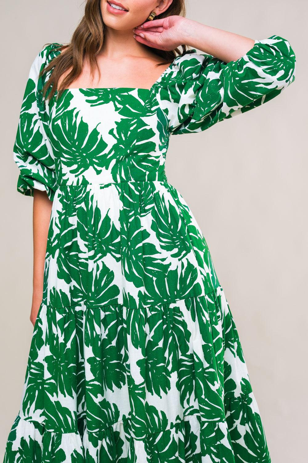 All the Drama Woven Midi Dress in ivory dgreen, view 4 — Soul Flow Apparel