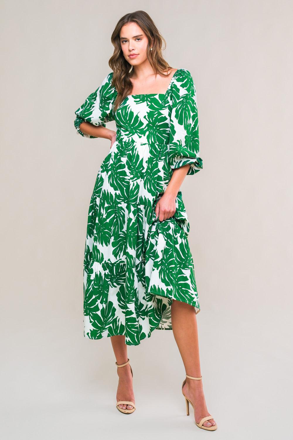 All the Drama Woven Midi Dress in ivory dgreen, view 5 — Soul Flow Apparel