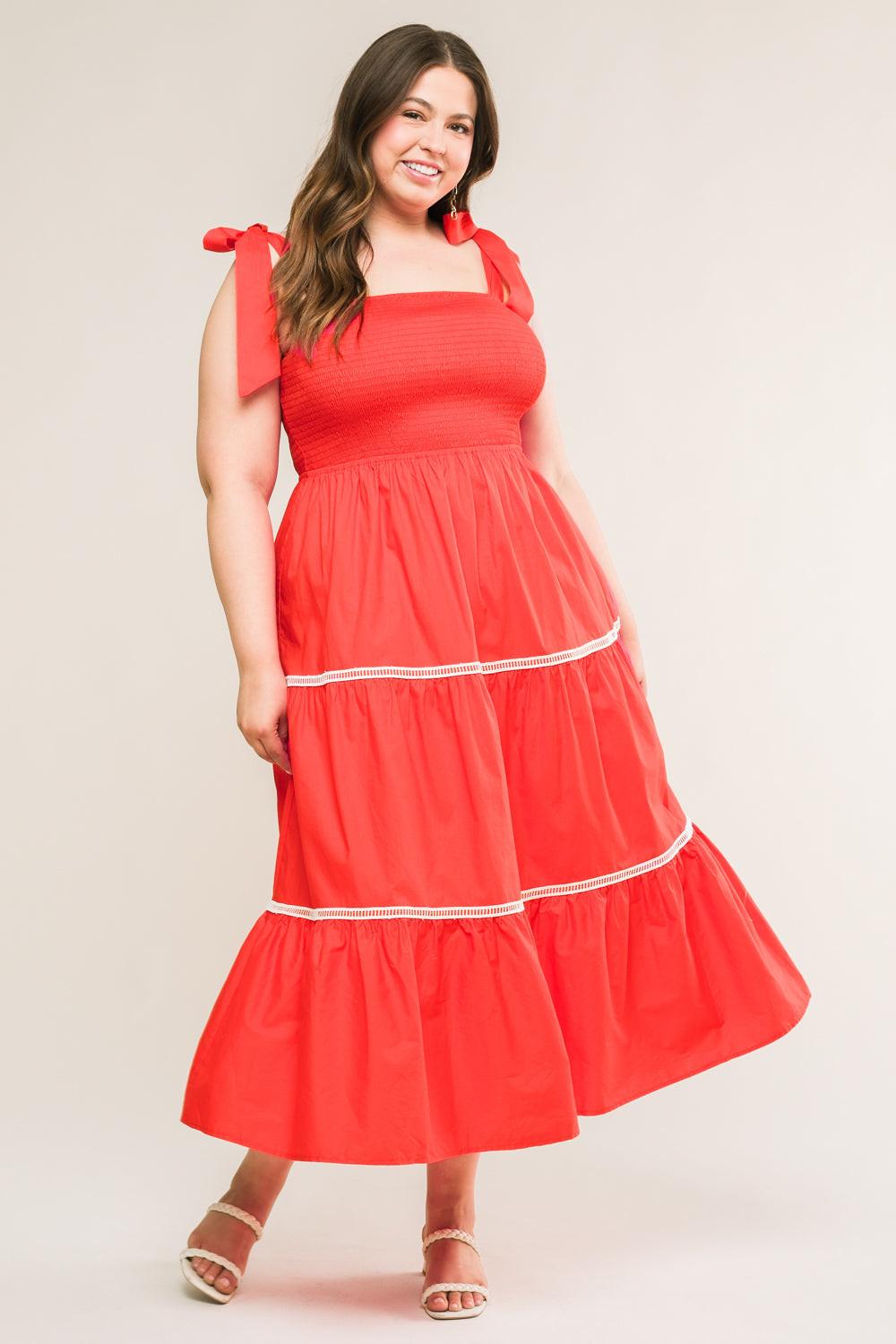 Better Than Ever Poplin Midi Dress in tomato red, view 1 — Soul Flow Apparel