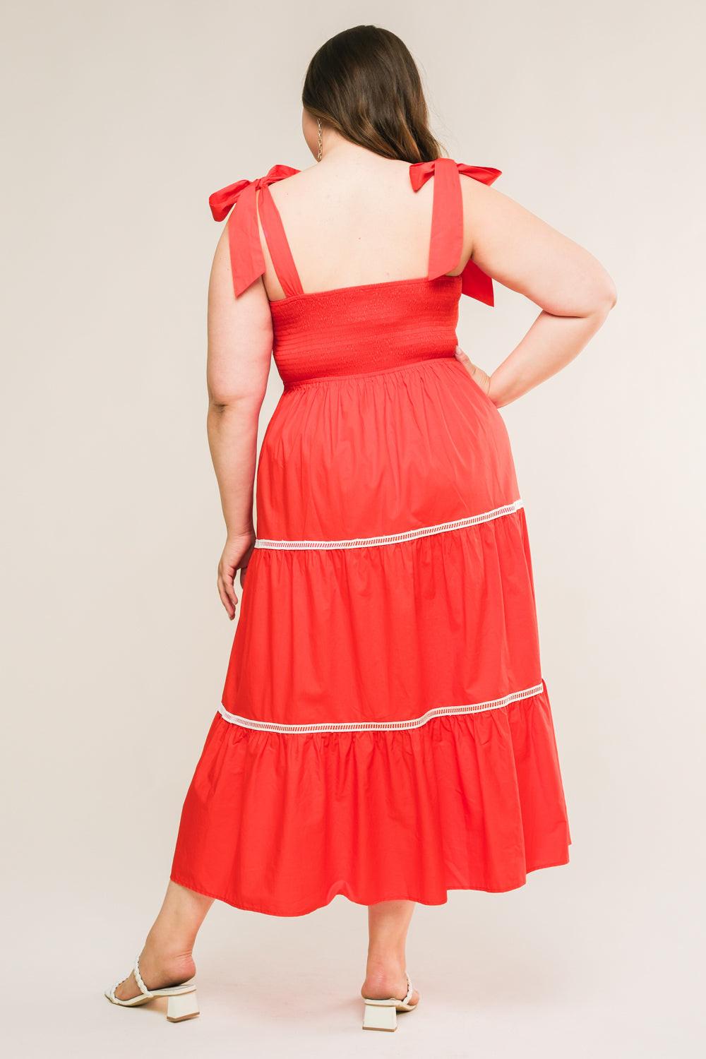 Better Than Ever Poplin Midi Dress in tomato red, view 2 — Soul Flow Apparel