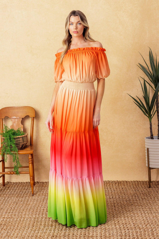 Forgotten Story Woven Maxi Dress in orange green, view 1 — Soul Flow Apparel