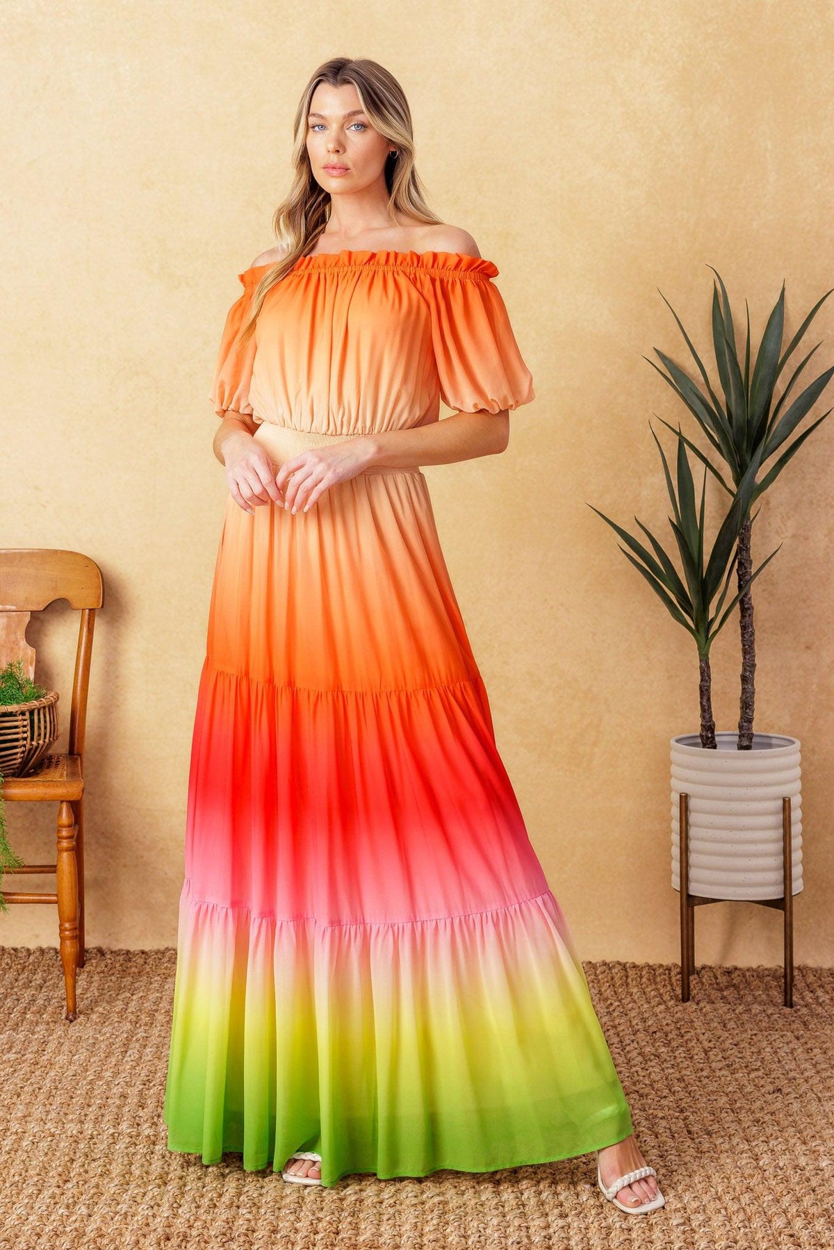 Forgotten Story Woven Maxi Dress in orange green, view 2 — Soul Flow Apparel