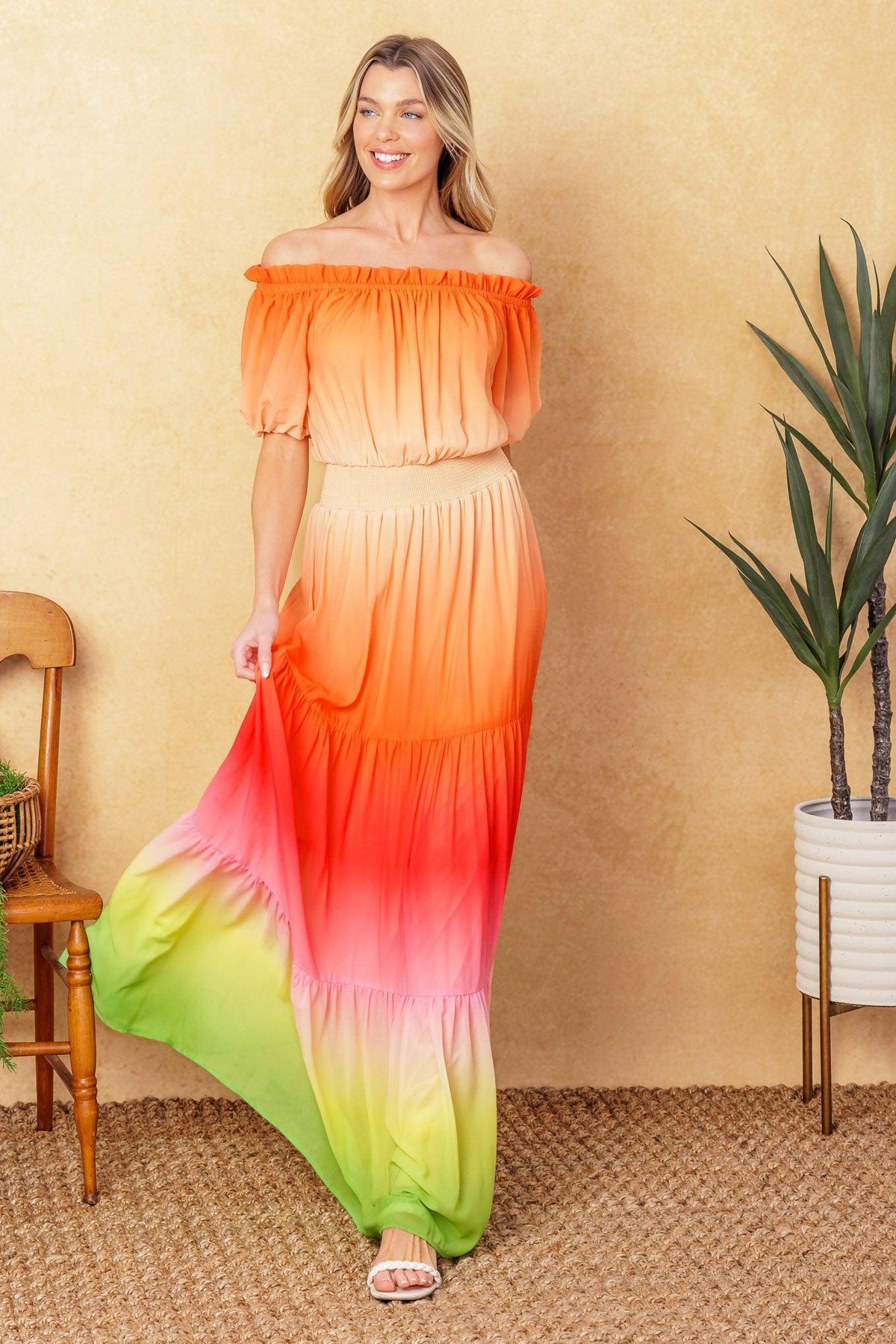 Forgotten Story Woven Maxi Dress in orange green, view 6 — Soul Flow Apparel