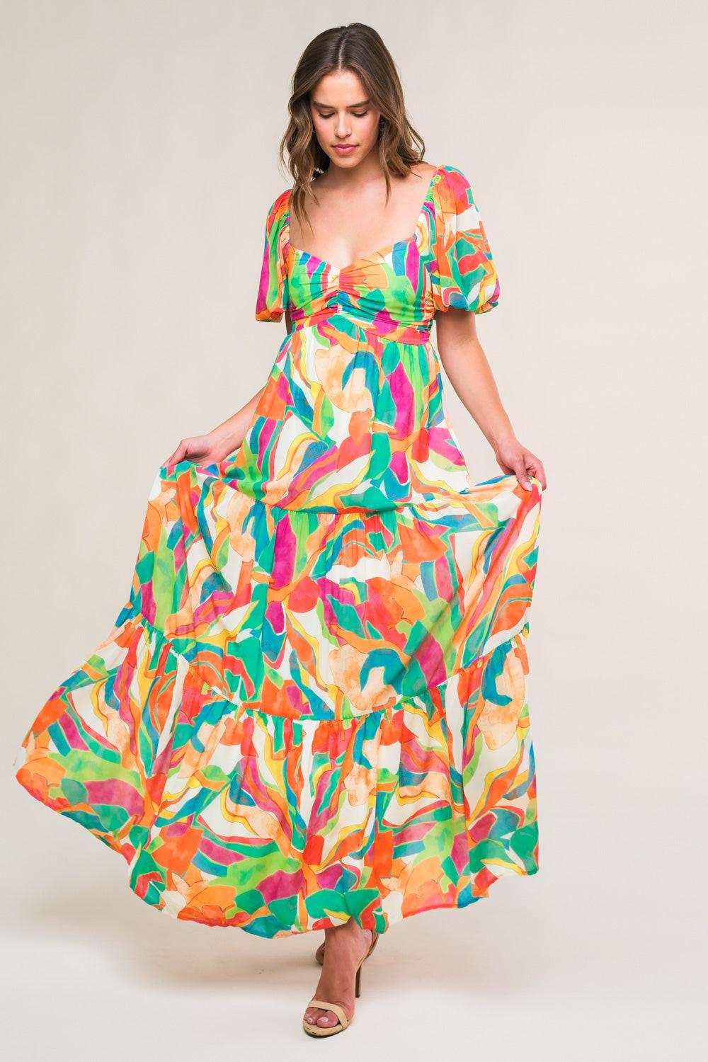 Exceptional Expression Woven Maxi Dress in ivory orange green, view 1 — Soul Flow Apparel