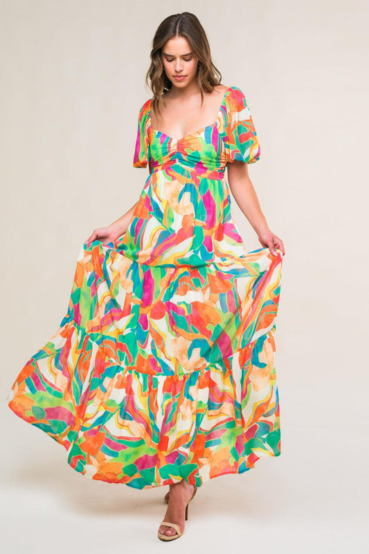 Exceptional Expression Woven Maxi Dress in ivory orange green, view 1 — Soul Flow Apparel