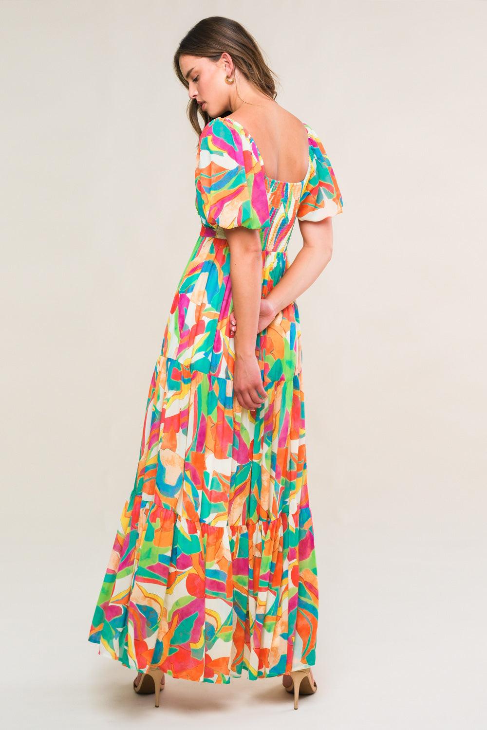 Exceptional Expression Woven Maxi Dress in ivory orange green, view 2 — Soul Flow Apparel