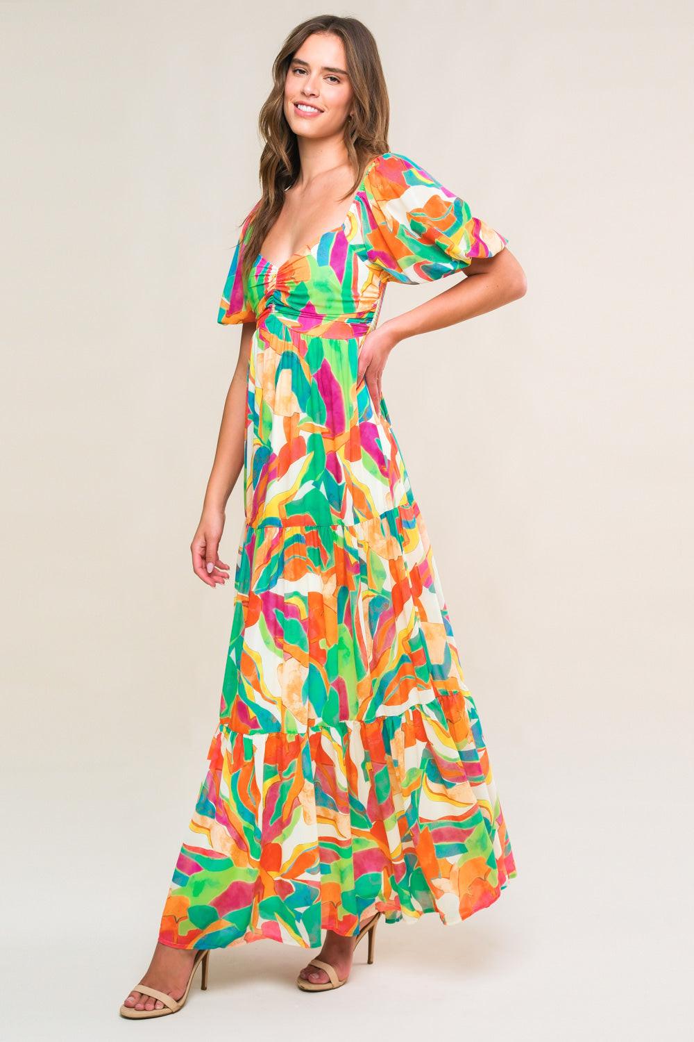 Exceptional Expression Woven Maxi Dress in ivory orange green, view 3 — Soul Flow Apparel